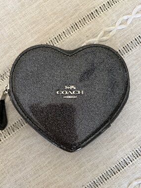 Coach Heart Coin Case In GunMetal Sparkle Glitter Leather